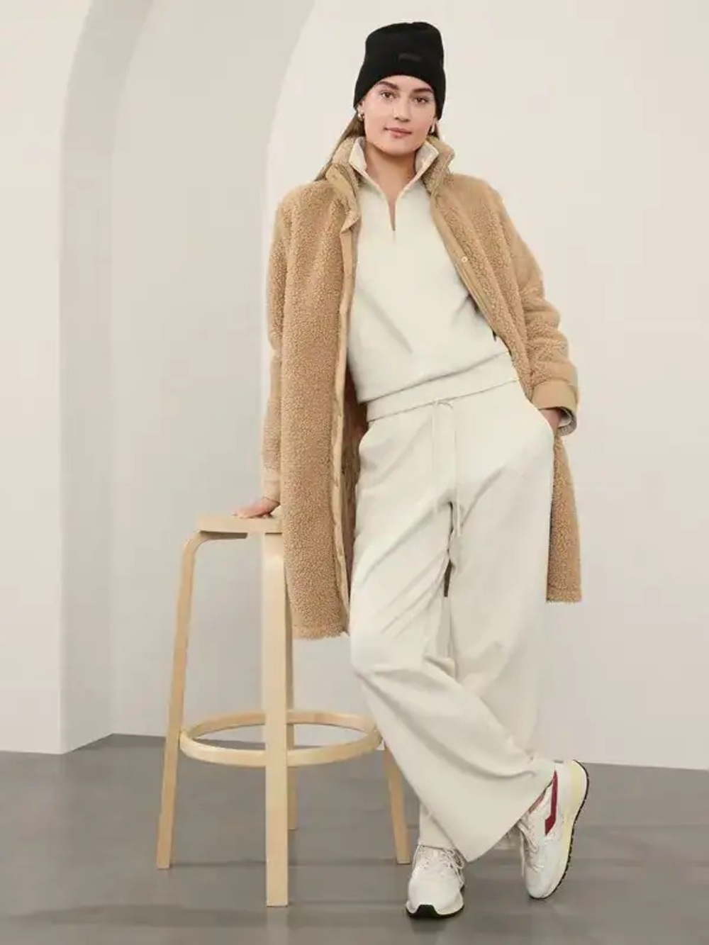 Athleta Fleece Hybrid Camel Teddy Longline Coat Size L